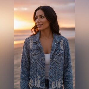 one 5 one Patterned Blue Denim Jacket